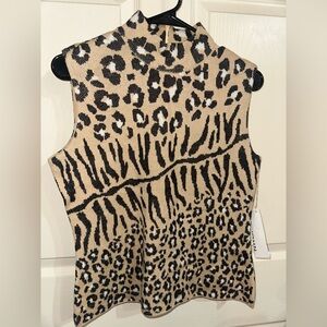 St. John Collection Beige and Black Animal-Print Sleeveless Turtleneck Shell S